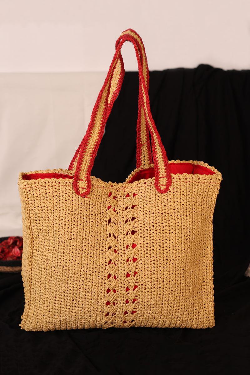 El Yapımı Omuz Çantası 38x34 cm Saman Rengi + Şapka Kombin
