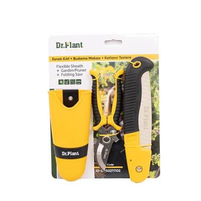 Dr.Plant budama makası, katlanır testere ve sarı esnek kılıf seti, ambalajında