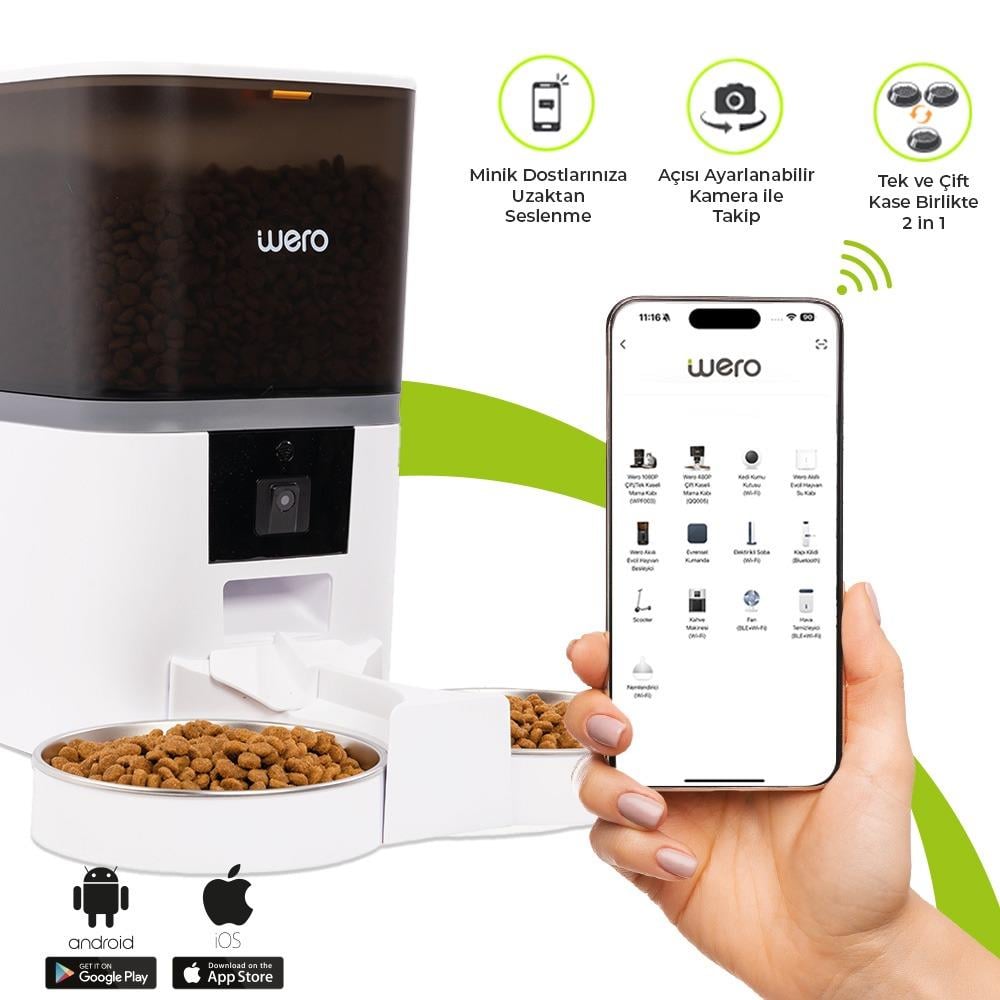 Wero 1080P Çift/Tek 2'si 1 Arada Paslanmaz Çelik Kaseli Mama Kabı, Ayarlanabilir Kamera, 6 Lt, WiFi Kontrol Kedi/Köpek Besleyici  – Beyaz