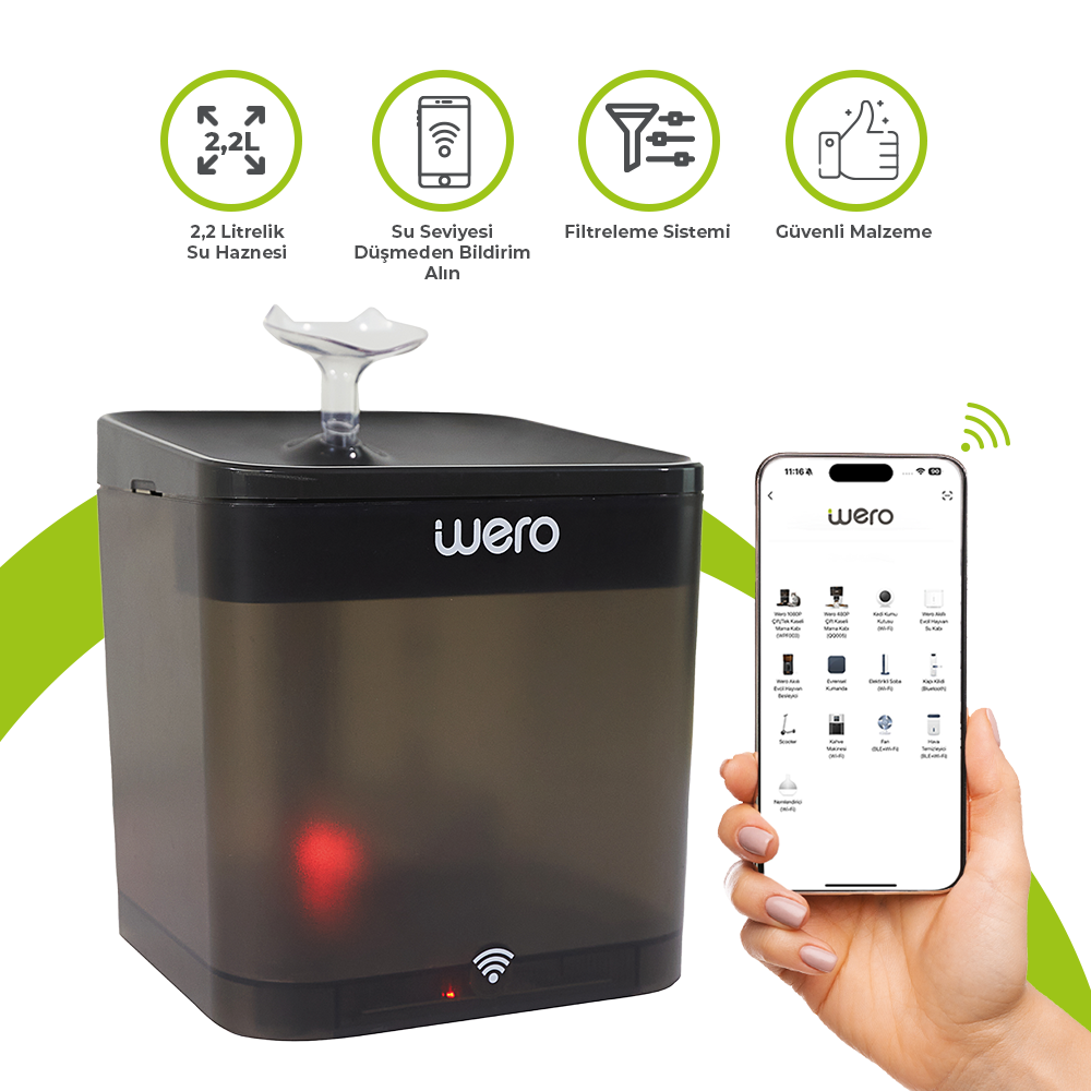 Wero Akıllı Kedi Köpek Su Şelalesi Su Pınarı Su Sebili - WiFi - Uv - 2.2 Lt Otomatik Su Temizleme – Siyah