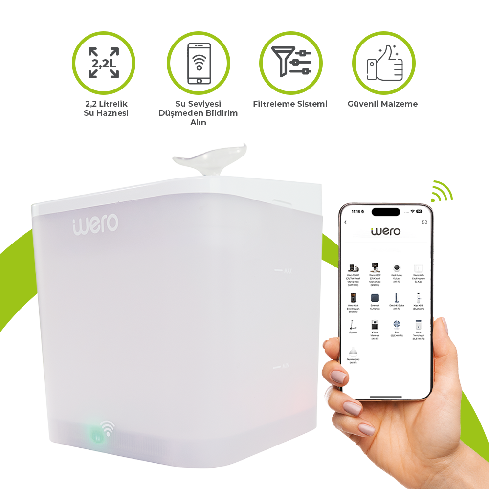 Wero Akıllı Kedi Köpek Su Şelalesi Su Pınarı Su Sebili - WiFi - Uv - 2.2 Lt Otomatik Su Temizleme – Beyaz