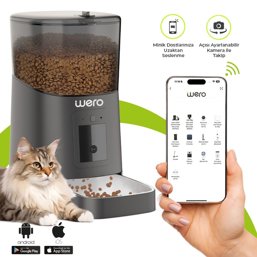 Wero Akıllı Kedi/Köpek Mama Kabı Pro (Geliştirilmiş 2025 versiyon) 1080p Ayarlanabilir Kamera, 6 Lt, Wifi Kontrol, Pet Feeder, Metal Kase, Siyah