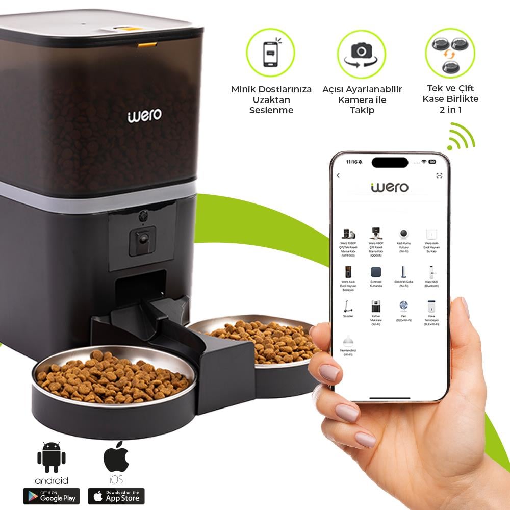 Wero 1080P Çift/Tek 2'si 1 Arada Paslanmaz Çelik Kaseli Mama Kabı, Ayarlanabilir Kamera, 6 Lt, WiFi Kontrol Kedi/Köpek Besleyici  – Siyah