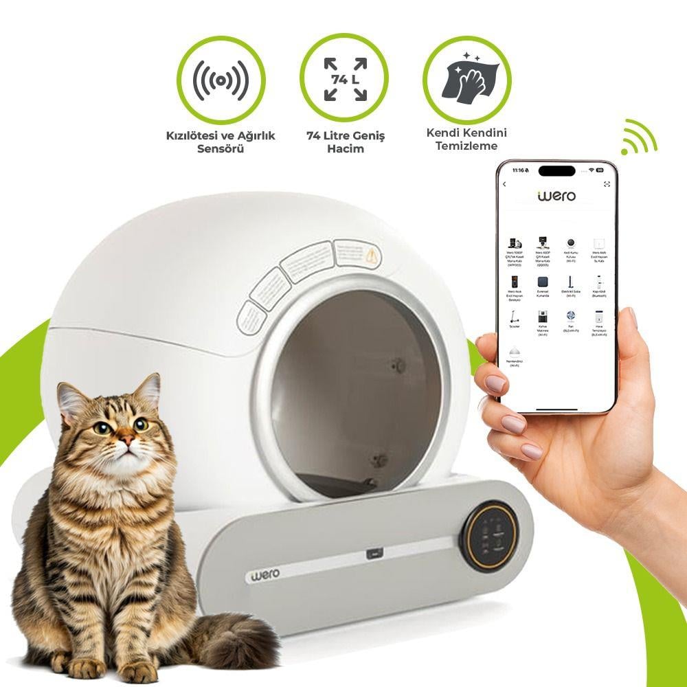 Wero Akıllı Otomatik Kedi Tuvaleti/Kum Kabı, Karbon Filtre, Kızılötesi ve Ağırlık Sensörlü, 65L+9L Geniş Hacim, Kendi Kendini Temizleme, Uygulamadan Kontrol