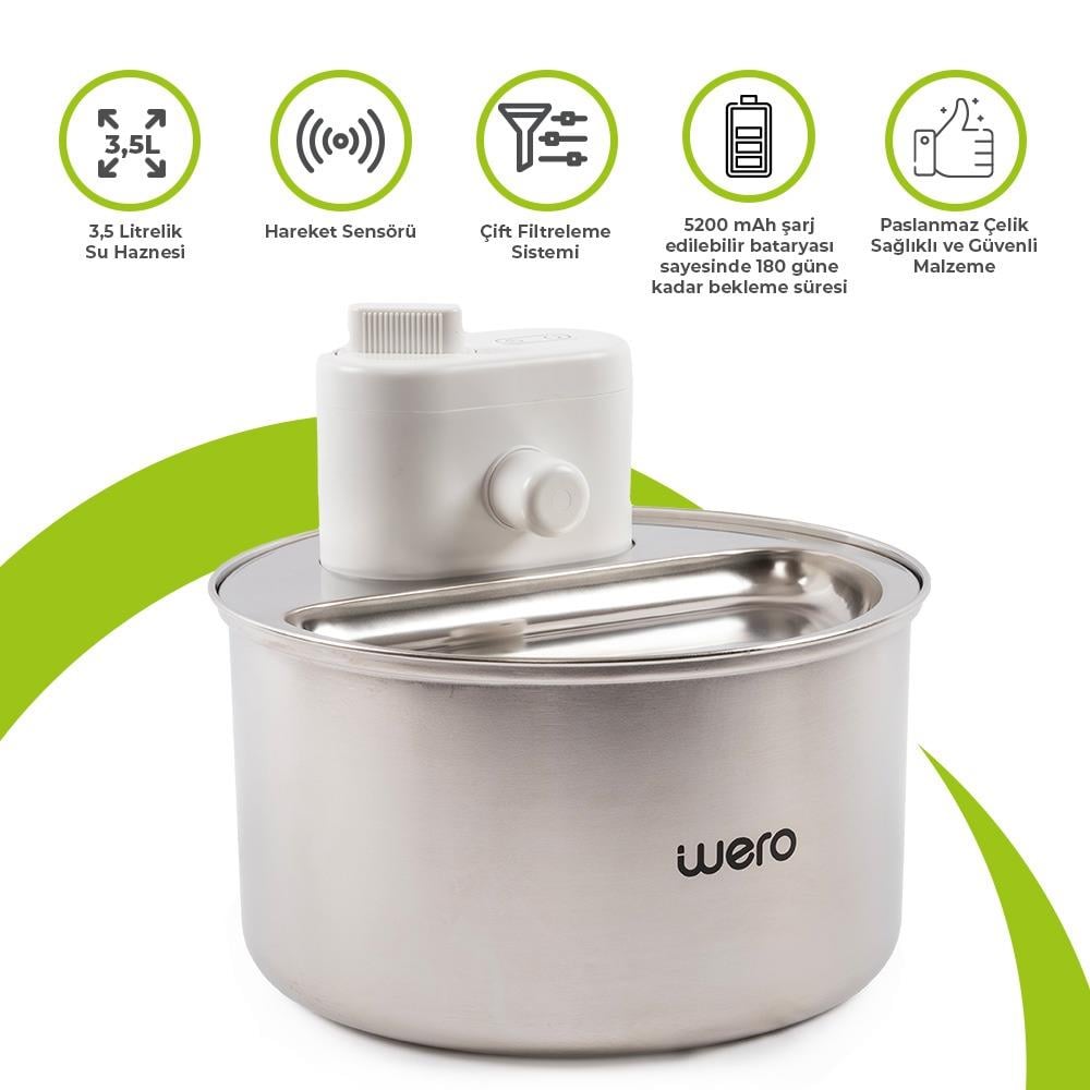 Wero Otomatik Kedi Köpek Su Şelalesi Su Pınarı Su Sebili (Paslanmaz Çelik) - Hareket Sensörü - 5200 mAh Şarj Edilebilir Batarya 180 Gün Bekleme Süresi - 3.5 Lt Otomatik Su Temizleme - Beyaz