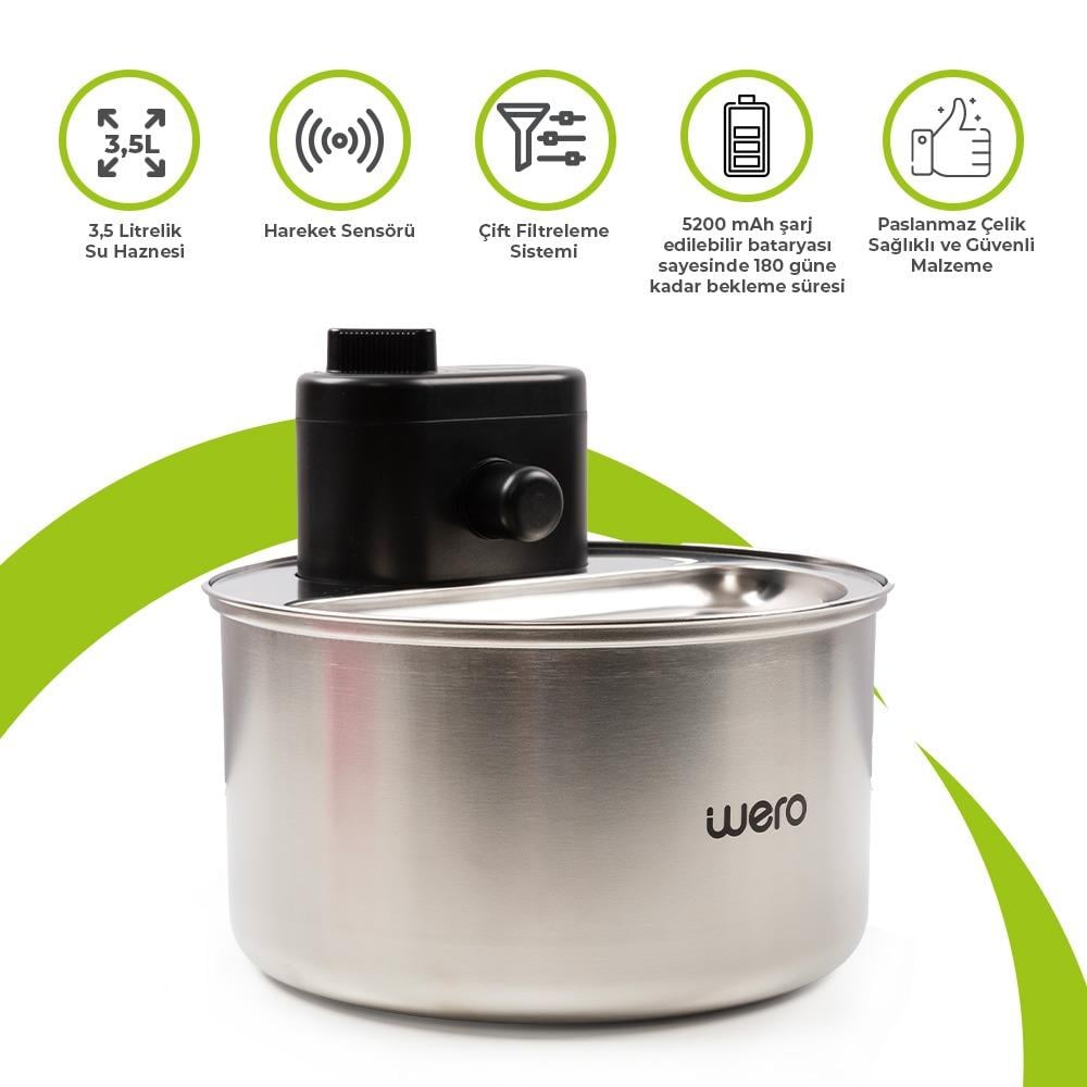 Wero Otomatik Kedi Köpek Su Şelalesi Su Pınarı Su Sebili (Paslanmaz Çelik) - Hareket Sensörü - 5200 mAh Şarj Edilebilir Batarya 180 Gün Bekleme Süresi - 3.5 Lt Otomatik Su Temizleme - Siyah