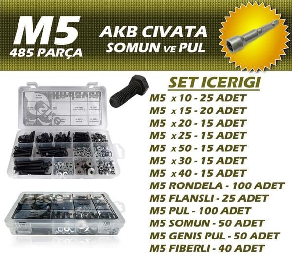 485 Parça M5 AKB Cıvata + 8 Somun Adaptörü