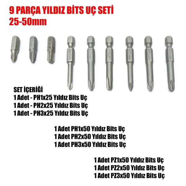 9 Parça Yıldız Bits Seti 25-50mm