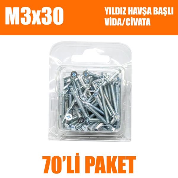 M3x30 Yıldız Havşa Başlı Vida/Civata 70 Adet