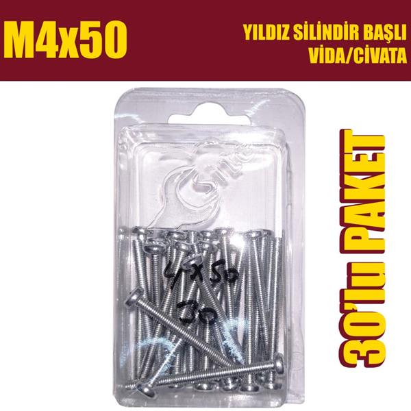 M4x50 Yıldız Silindir Başlı (YSB) Vida/Civata 30 Adet