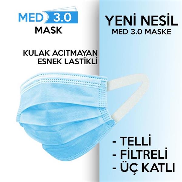 Med 3.0 Mavi Yumuşak Kulaklı 3 Katlı Telli Cerrahi Maske 10'lu x 10 Adet (YENİ NESİL)