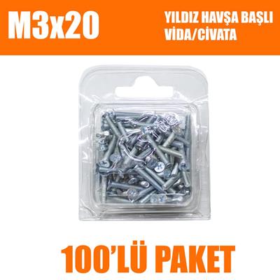 M3x20 Yıldız Havşa Başlı Vida/Civata 100 Adet