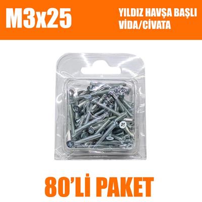 M3x25 Yıldız Havşa Başlı Vida/Civata 80 Adet