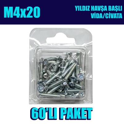 M4x20 Yıldız Havşa Başlı (YHB) Vida/Civata 60 Adet