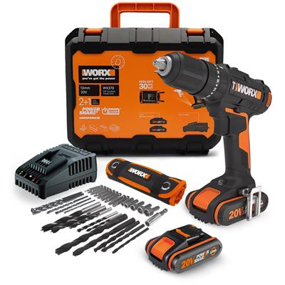 WORX WX370 20Volt/2Ah. Li-ion Çift Akülü Profesyonel Şarjlı Darbeli Matkap + 30 Parça Aksesuar Seti