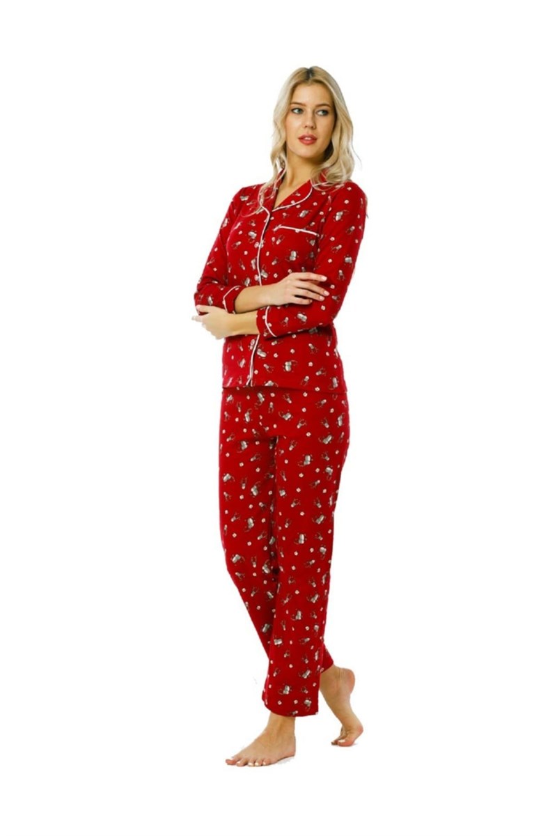 GİYİMX Kadın Kırmızı Uzun Kollu Düğmeli Gecelik Pijama Takımı