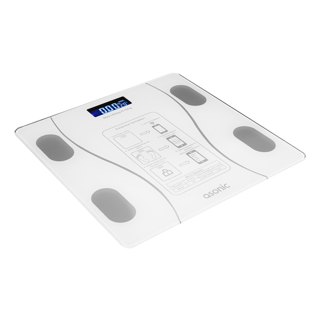 ASONIC BS260, Beyaz, Bluetooth Destekli, Baskül. LCD Gösterge, 260x260mm, 180Kg a kadar ölçme.
