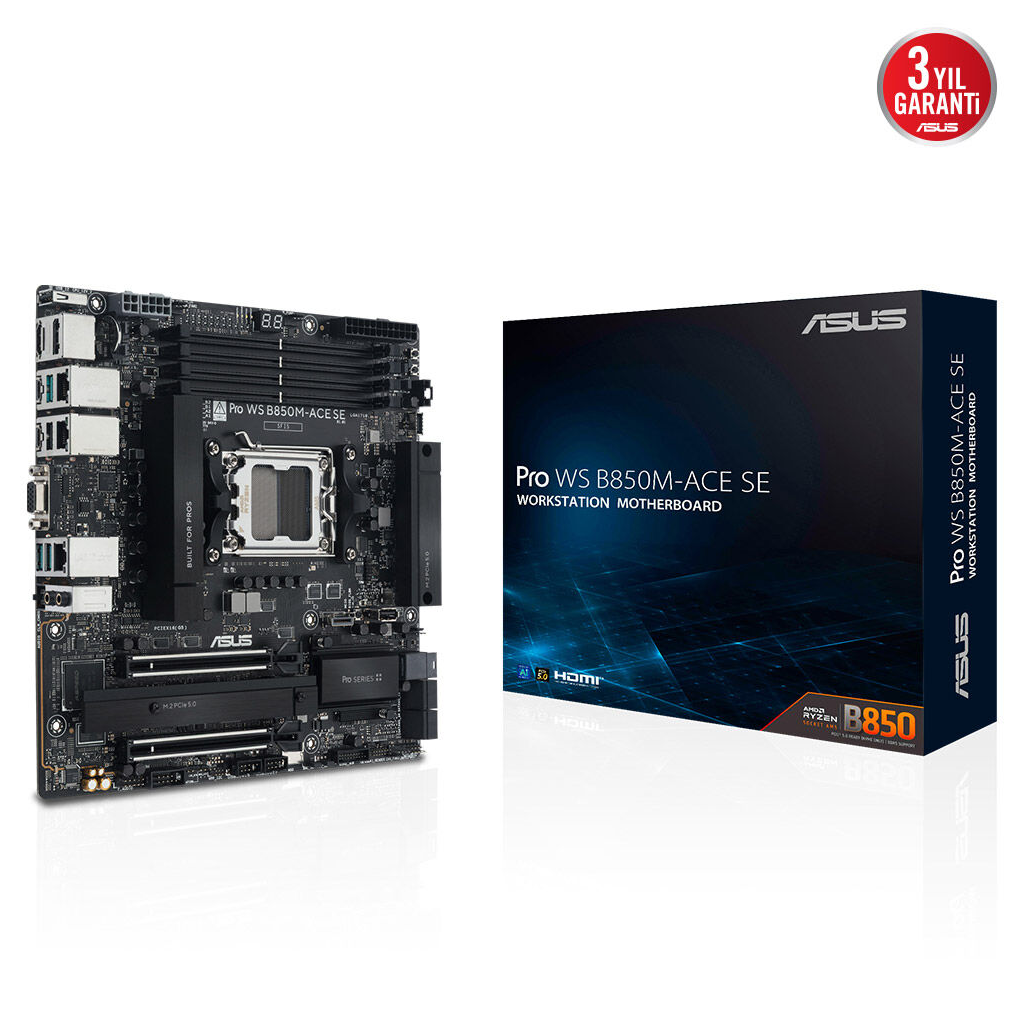ASUS PRO WS B850M-ACE SE, 4xDDR5, 2xM.2, HDMI, DP, Type-C, D-SUB, PCIe 5.0, AM5 Soket Micro-ATX Anakart