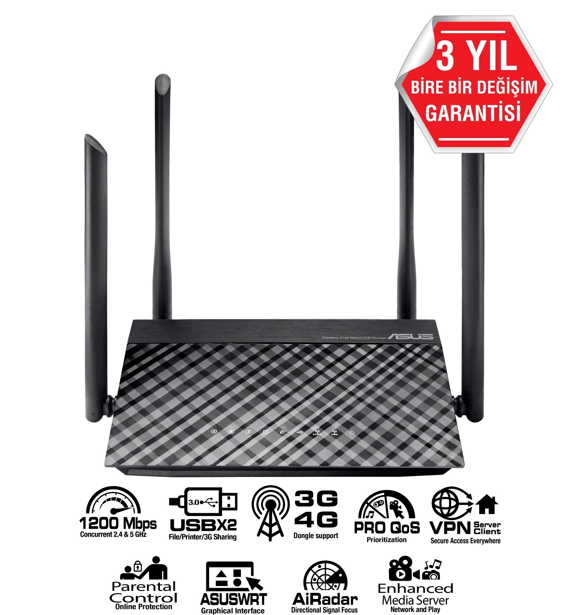 ASUS RT-AC1200 Wıfı5 AC1200 Gigabit Dual Band Router