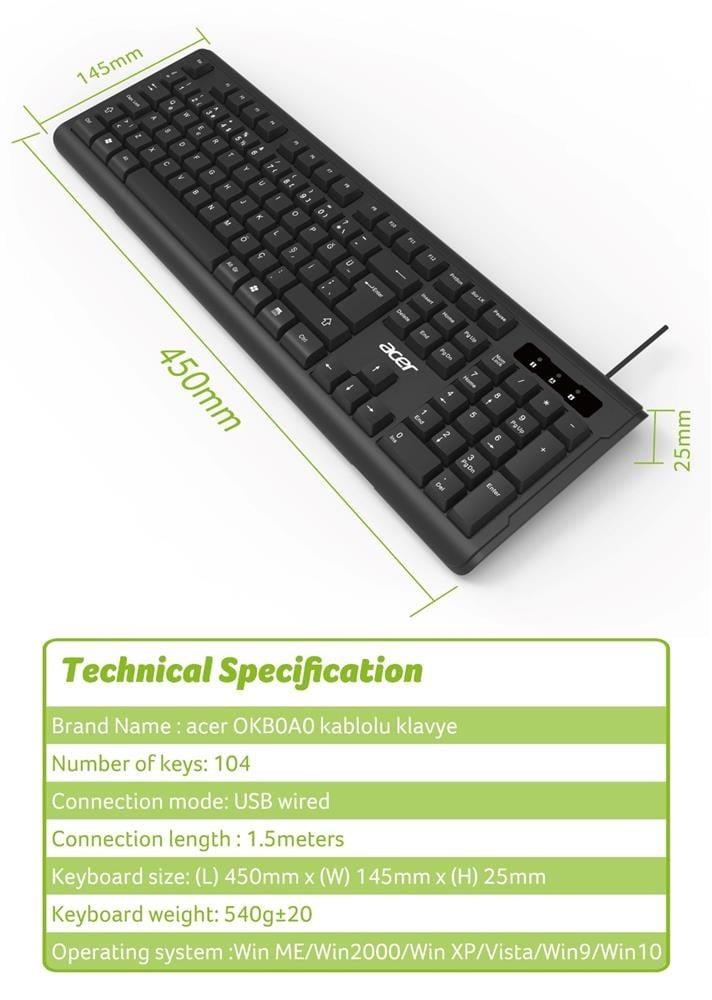 Acer OAK-0A0  Siyah Kablolu Sessiz Tuşlu  Klavye (Caps Lock) (Kablo Uzunluğu 1.50Cm) Caps Lock