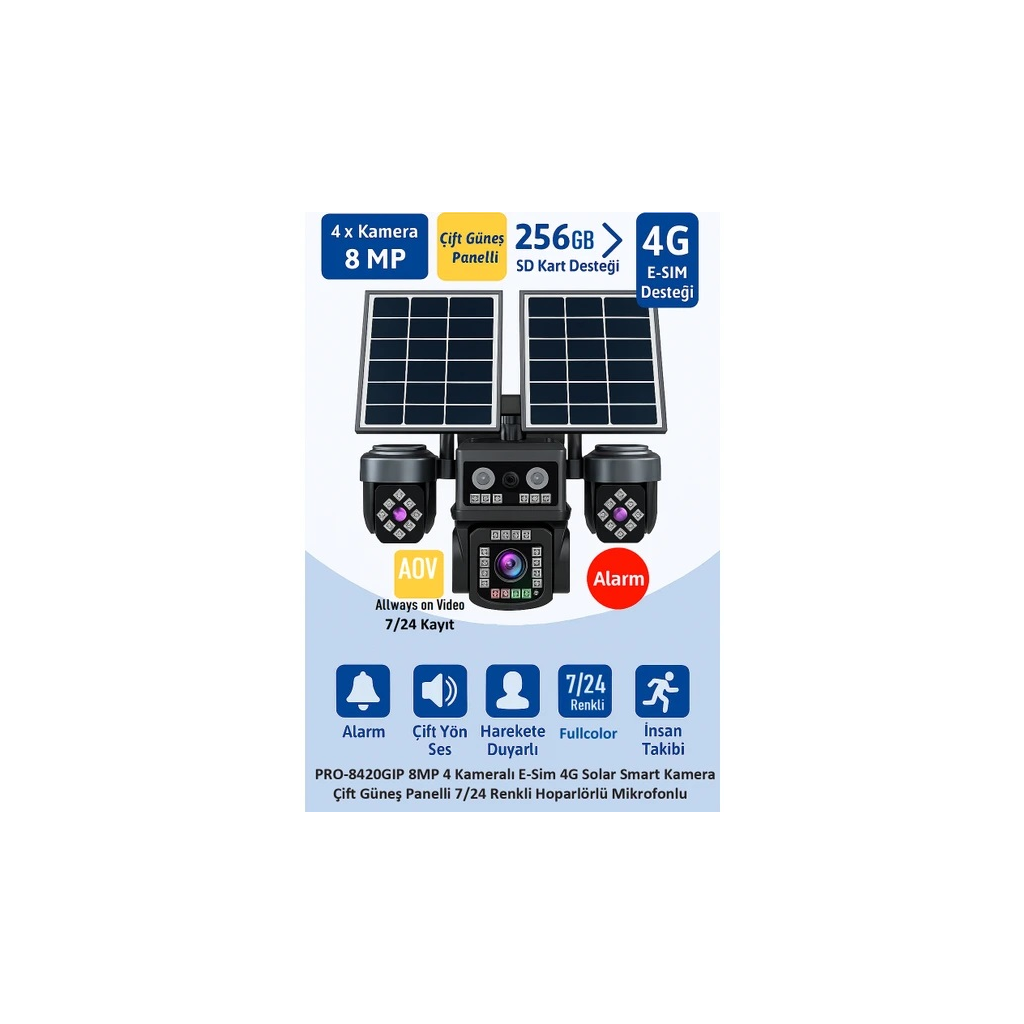 BALANDI PRO-8420GIP 8MP 4 Kameralı 4G AOV ESIM  Solar Kamera, HIEASY Yazılım