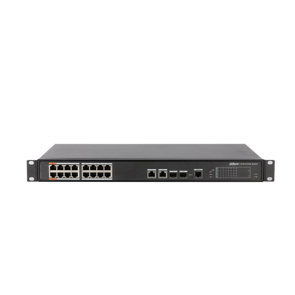 DAHUA PFS4218-16ET-240-V2, 16 Port, MegaBit, PoE 240W, 2 Port GigaBit Uplink, 2 Port GigaBit Combo SFP, Yönetilebilir, Rack Mount  Switch