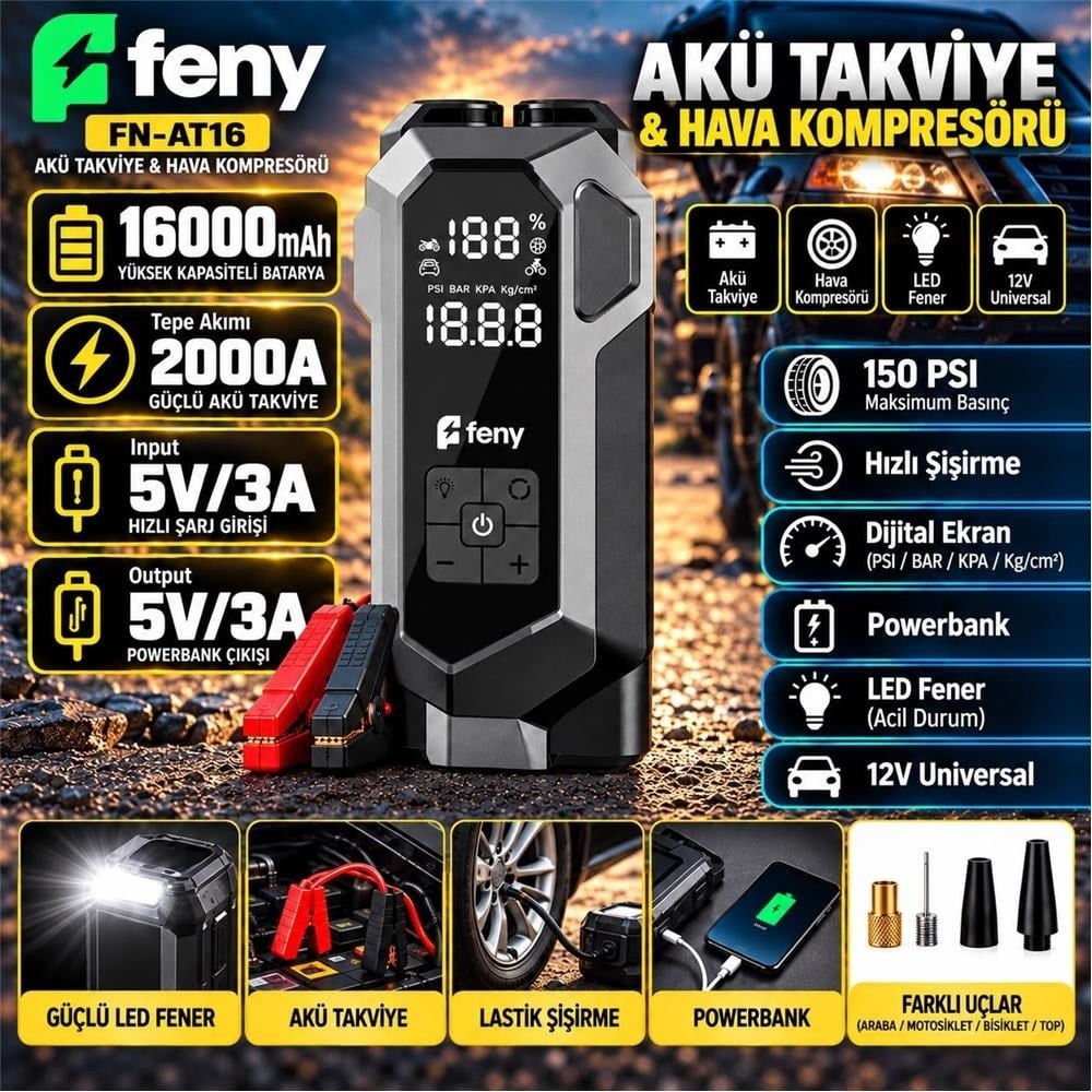 Feny FN-AT16 16.000 Mah 5v-3a Akü Takviye Ve Hava Kompresörü (Lastik Şişirme- Powerbank) Çantalı