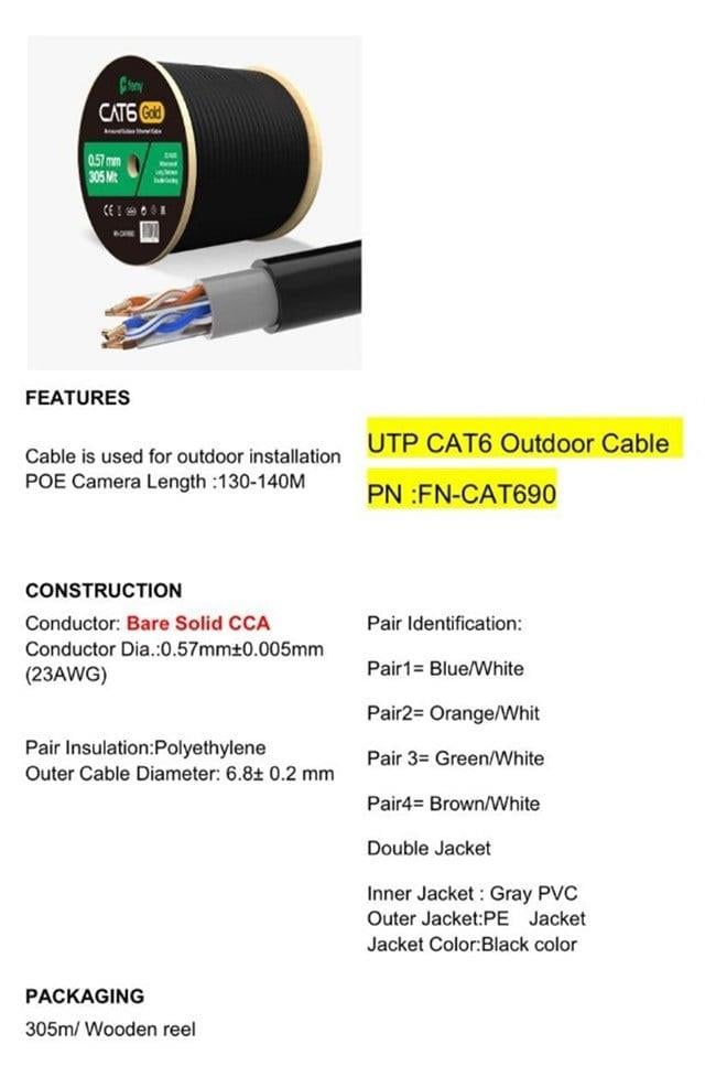 Feny FN-CAT690 305 Metre 23 AWG 0.57mm Dış Mekan Cat6 UTP Kablo