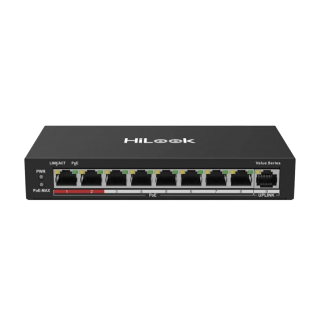 HILOOK NS-0109P-60(B), 8 Port, Megabit, PoE 60W, 1 Port Megabit Uplink, Long Range 250Metre, Yönetilemez, Masaüstü Switch