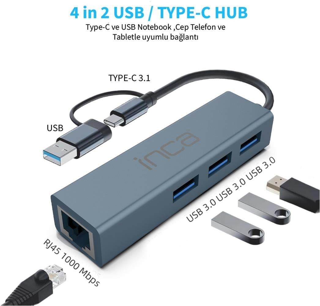 Inca IUTP-03TX Ethernet Usb 3.0+Type-C 3.1 Grişli 000 Mbps 3X3.1Usb Eternet-Çoklayıcı