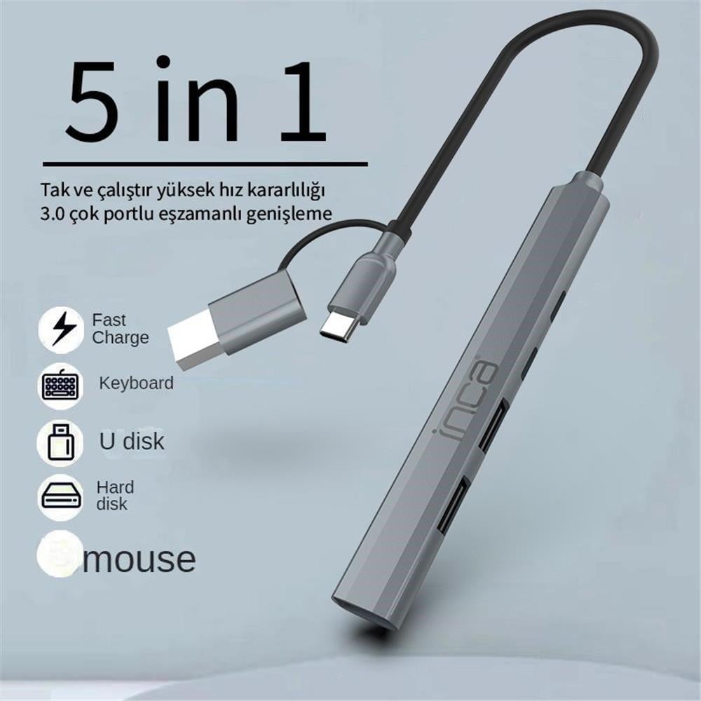 Inca IUTP-06TX 5in1 USB 3.0 + 2xUSB 2.0+Type-C+PD 100W USB+Type-C Çoklayıcı 3.0 ile 5 Gbps
