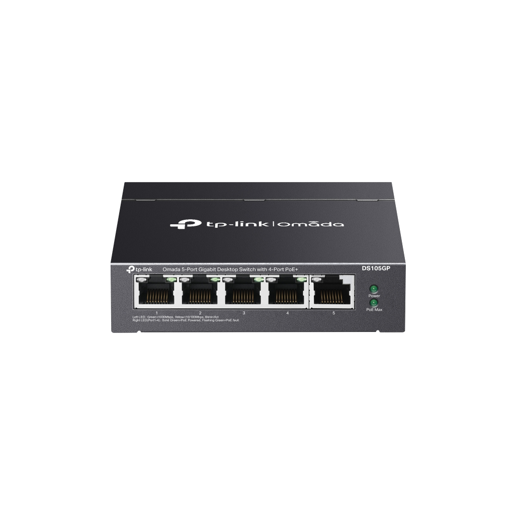 OMADA DS105GP, 5 Port Gigabit,  4 Port Gigabit PoE+, 65W, Yönetilemez, Masaüstü/Vesa Metal Kasa Sessiz Switch