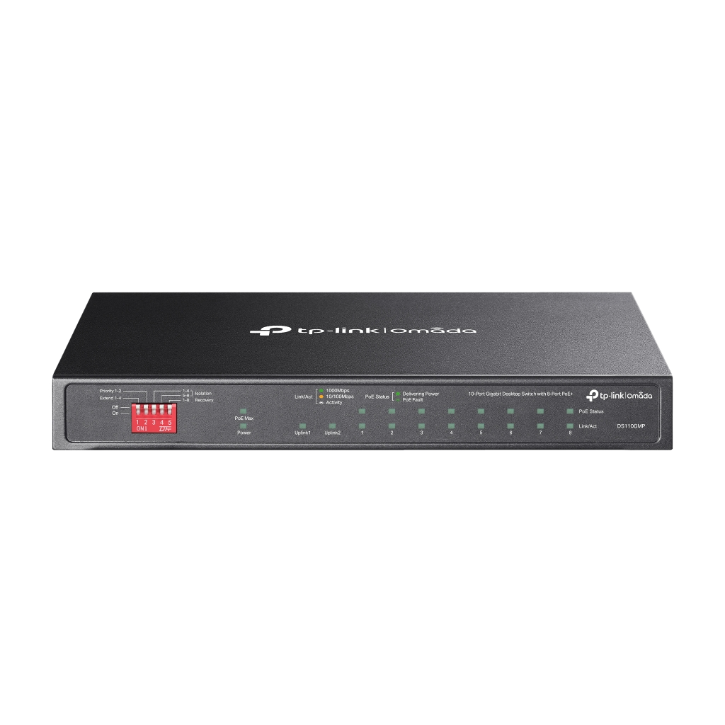 OMADA DS110GMP, 10 Port Gigabit,  8 Port Gigabit PoE+, 123W, 1 Port Combo Gigabit SFP, Yönetilemez, Metal Kasa Masaüstü Sessiz Switch