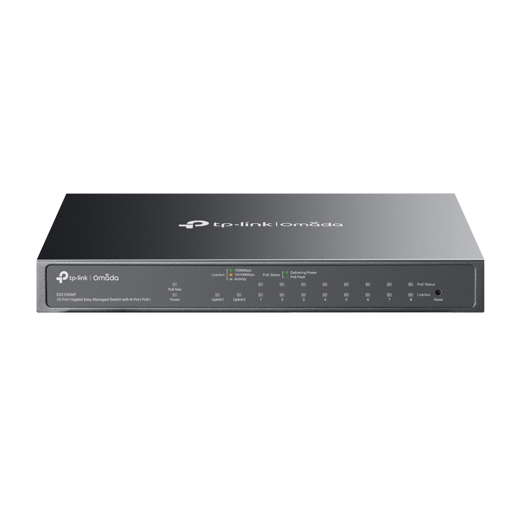 OMADA ES210GMP, 10 Port Gigabit, 8 Port PoE+, 1Port Gigabit Combo SFP, 123W, Yönetilebilir Metal Kasa Masaüstü/Vesa Switch