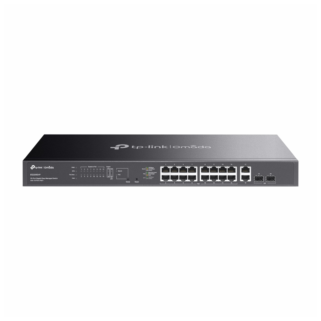 Omada ES220GMP, 16 Port Gigabit, 16 Port PoE+, 2 Port Gigabit SFP, 250W, Yönetilebilir, Rackmount Switch