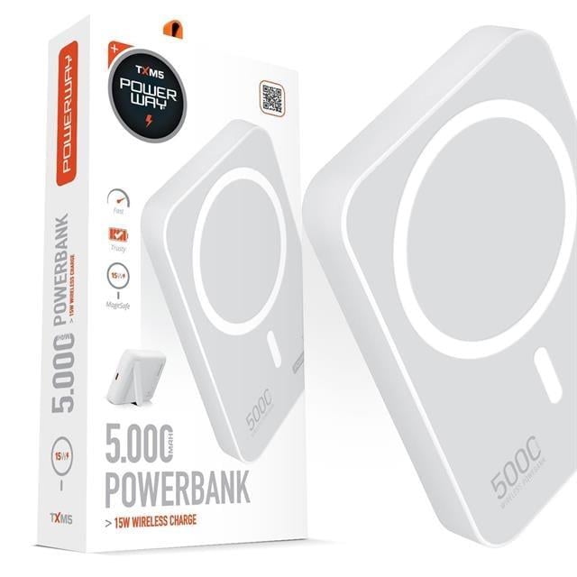 Powerway 5.000mAh PD15W Magsafe Kablosuz Wireless Taşınabilir Şarj Cihazı Beyaz Powerbank TXM5