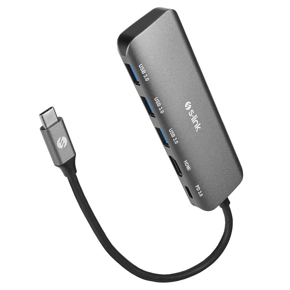 S-link SWV-USBC030 HDMI 4K 30Hz Gri Metal Type-C to 3-USB3.0 6 in 1 1xPD Şarj, 1xUSB-C Adaptör