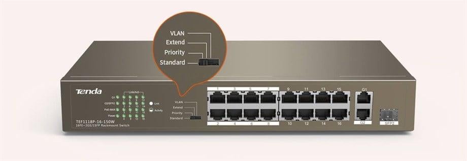 TENDA TEF1118P-16-150W 16PORT 10/100 YÖNETİLEMEZ POE SWITCH