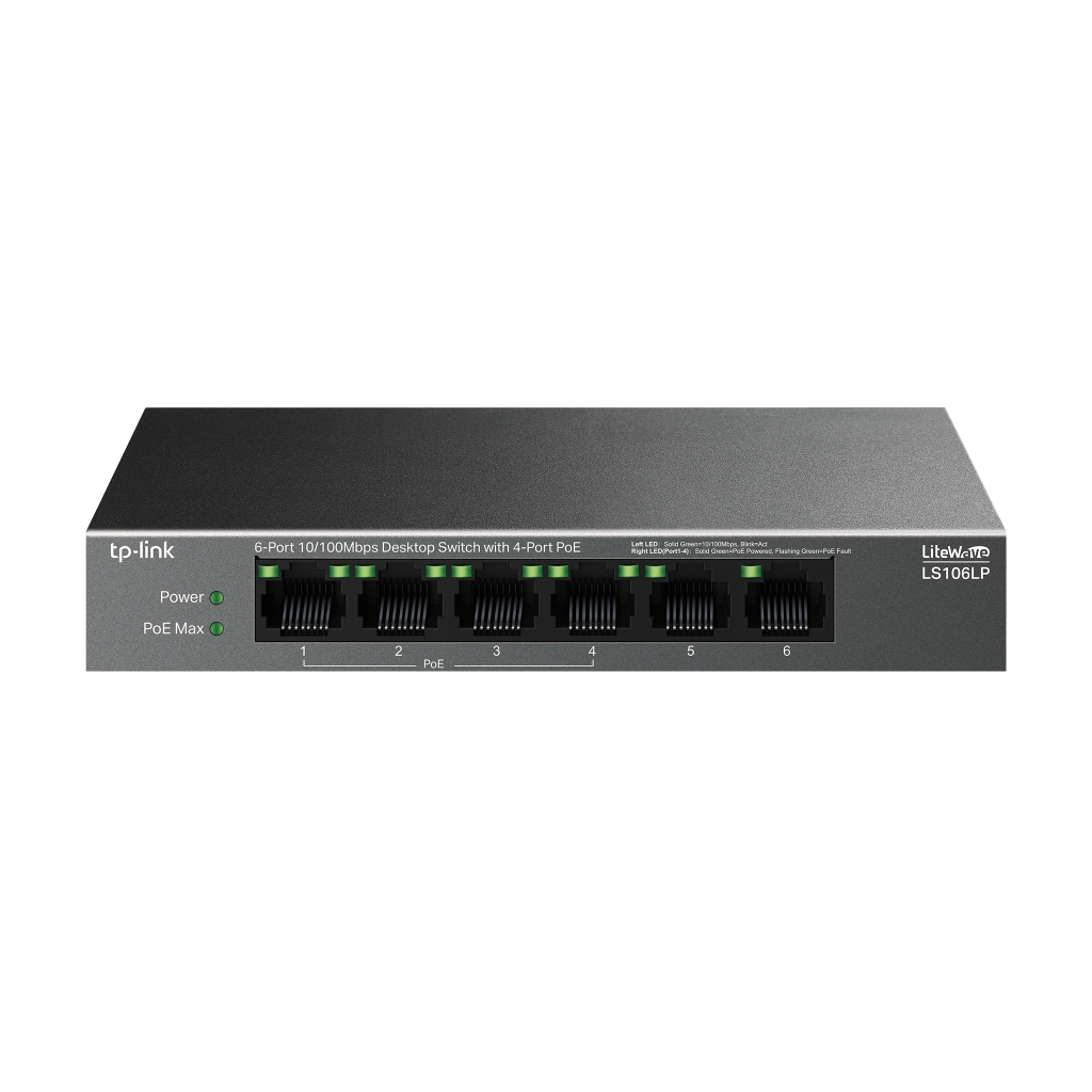 TP-LINK LS106LP, Green Tech, 6 Port, MegaBit, 4 Port PoE 41W, Metal Kasa, Yönetilemez, Masaüstü Switch