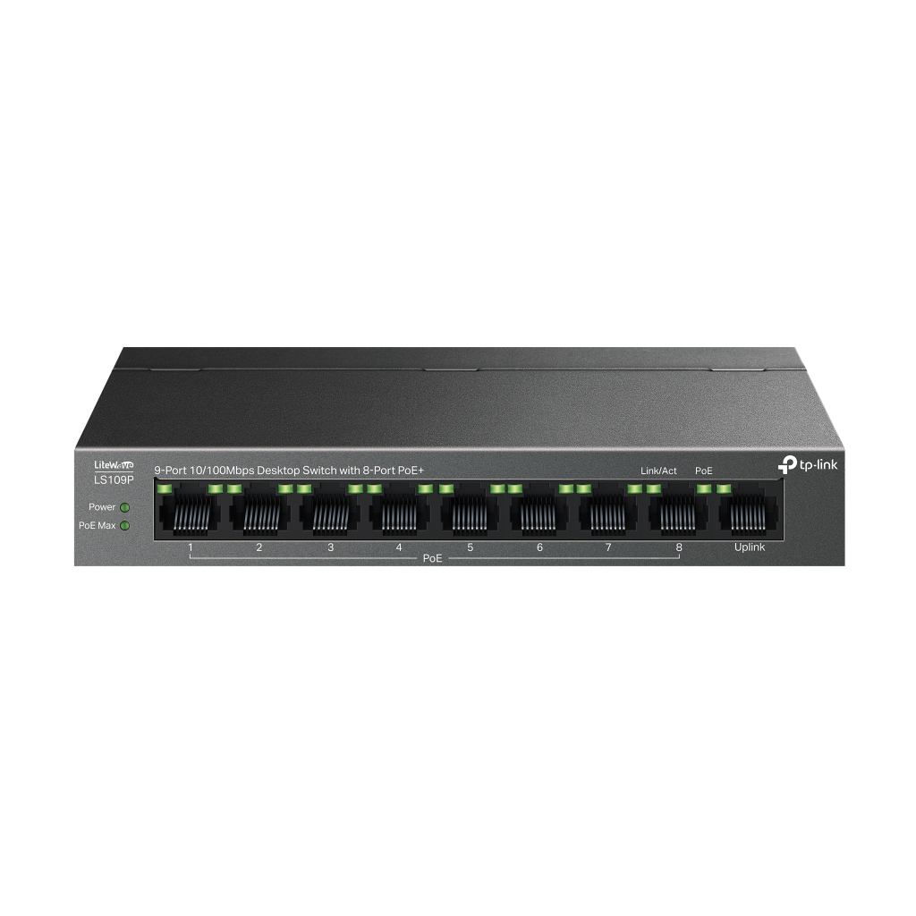 TP-LINK LS109P, Green Tech, 8 Port MegaBit, POE 63W, 1 Port Uplink, Long Range 250Mt, Yönetilemez, Metal Kasalı Switch