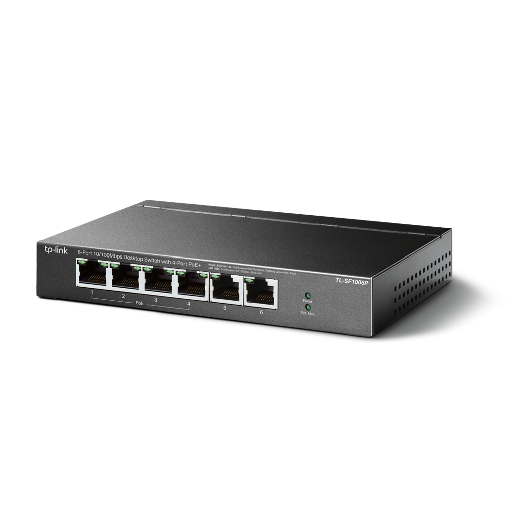 TP-LINK TL-SF1006P, 6 Port, MegaBit, 4 Port PoE 67W, Yönetilemez, Metal Kasalı Switch