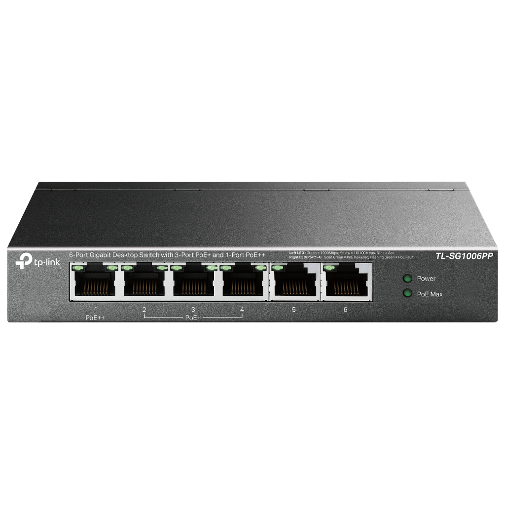TP-LINK TL-SG1006PP, 6 Port, GigaBit, 4 Port PoE 64W, Yönetilemez, Metal Kasa, Masaüstü Switch