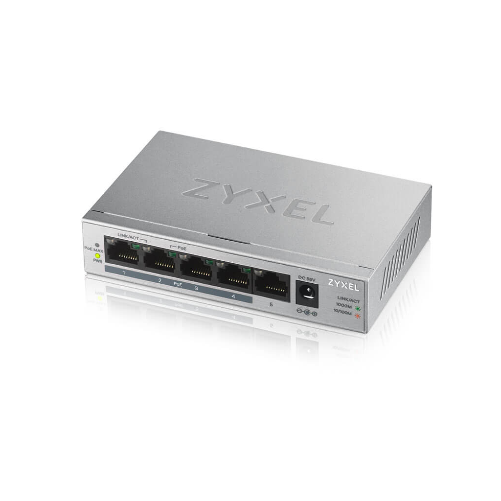 ZyXEL GS1005HP, 5 Port, GigaBit, 4 Port PoE 60W, Yönetilemez, Masaüstü Switch