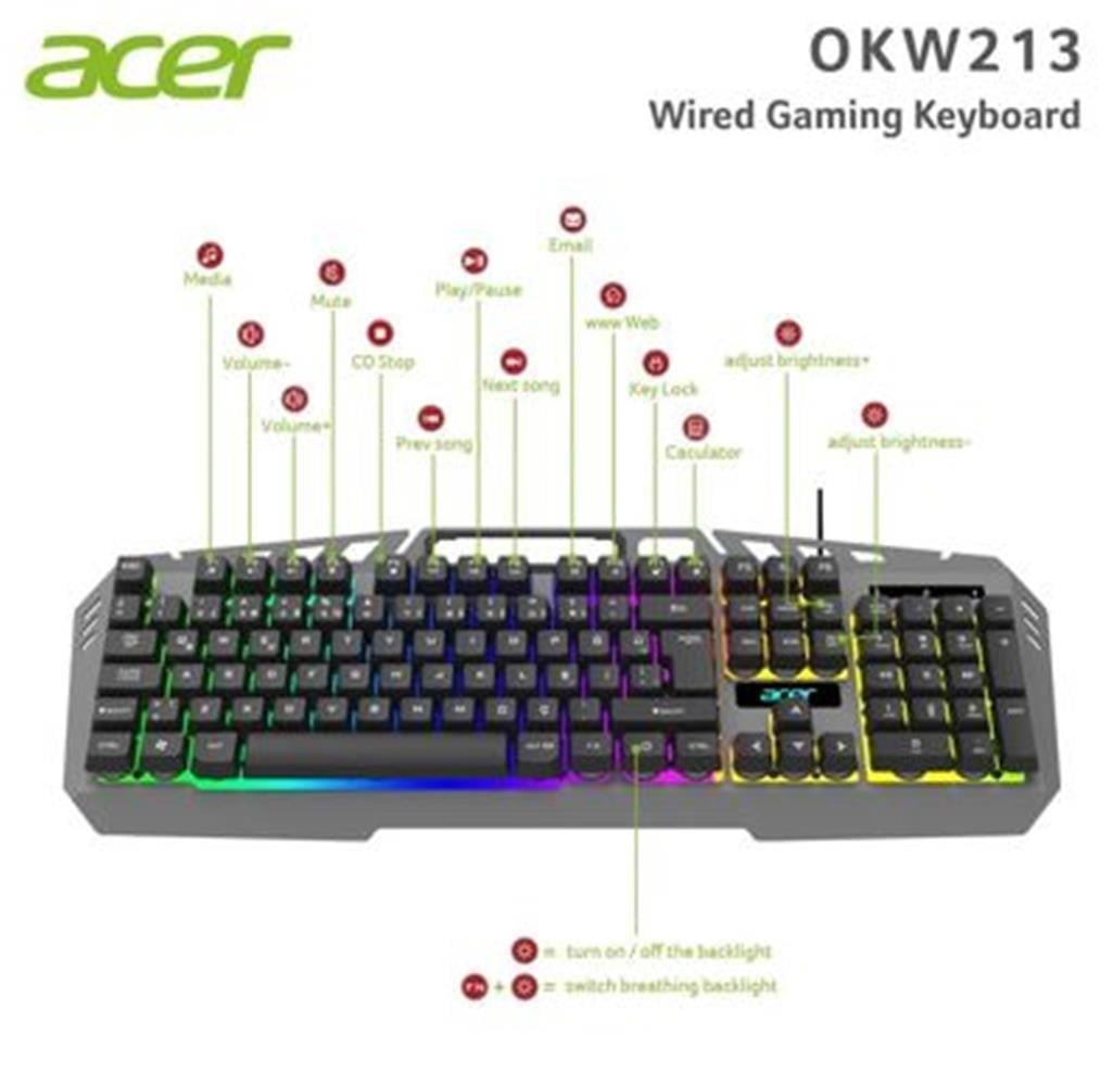 Acer OKW213 Gri RGB Rainbow Backlit Gaming Keyboard Rainbow (Kablo Uzunluğu 1,5mt)