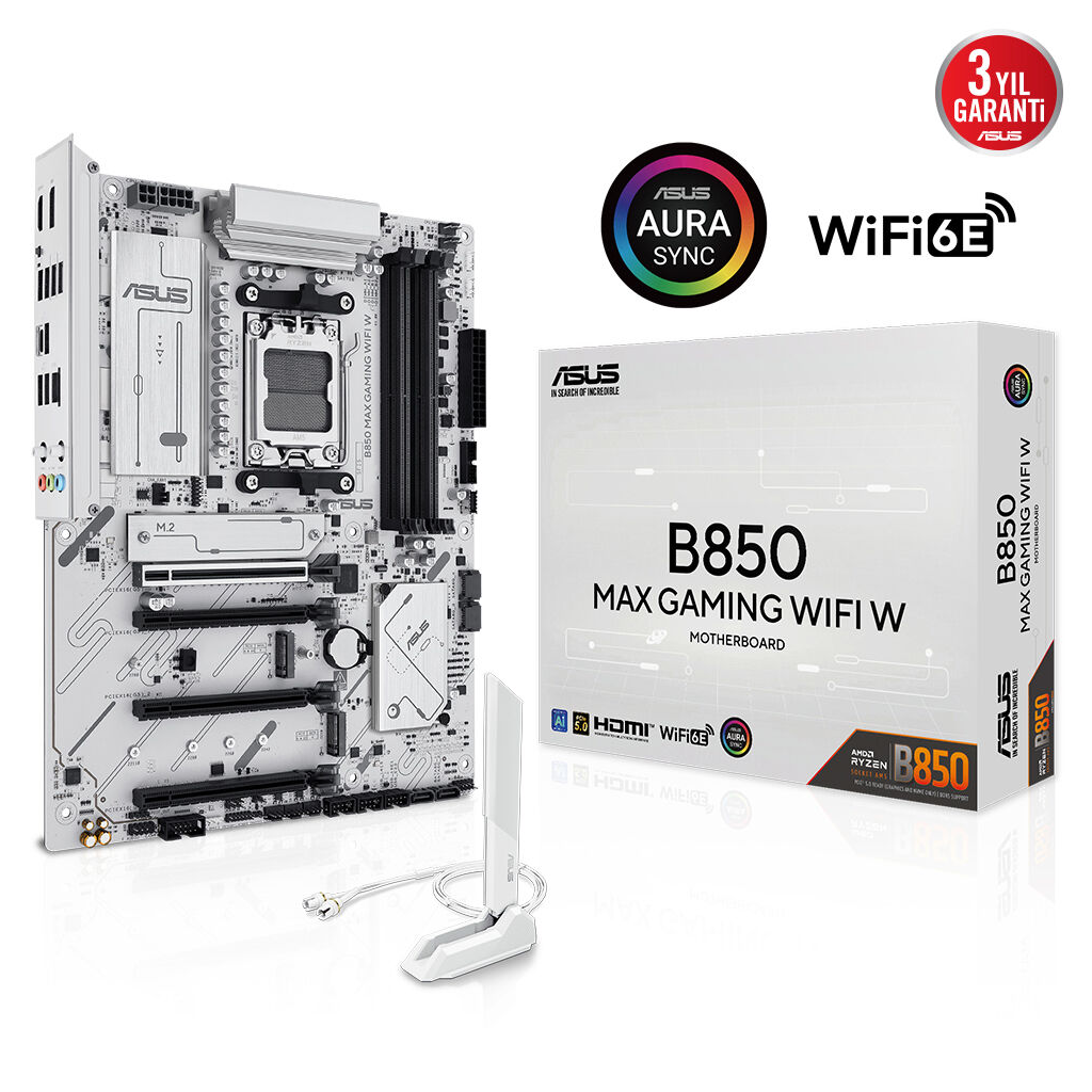 ASUS B850 MAX GAMING WIFI W, 4xDDR5, 3x M2, HDMI, DP, Type-C, Wi-Fi 6E, Bluetooth v5.3, AM5 Soket GAMING BEYAZ Anakart
