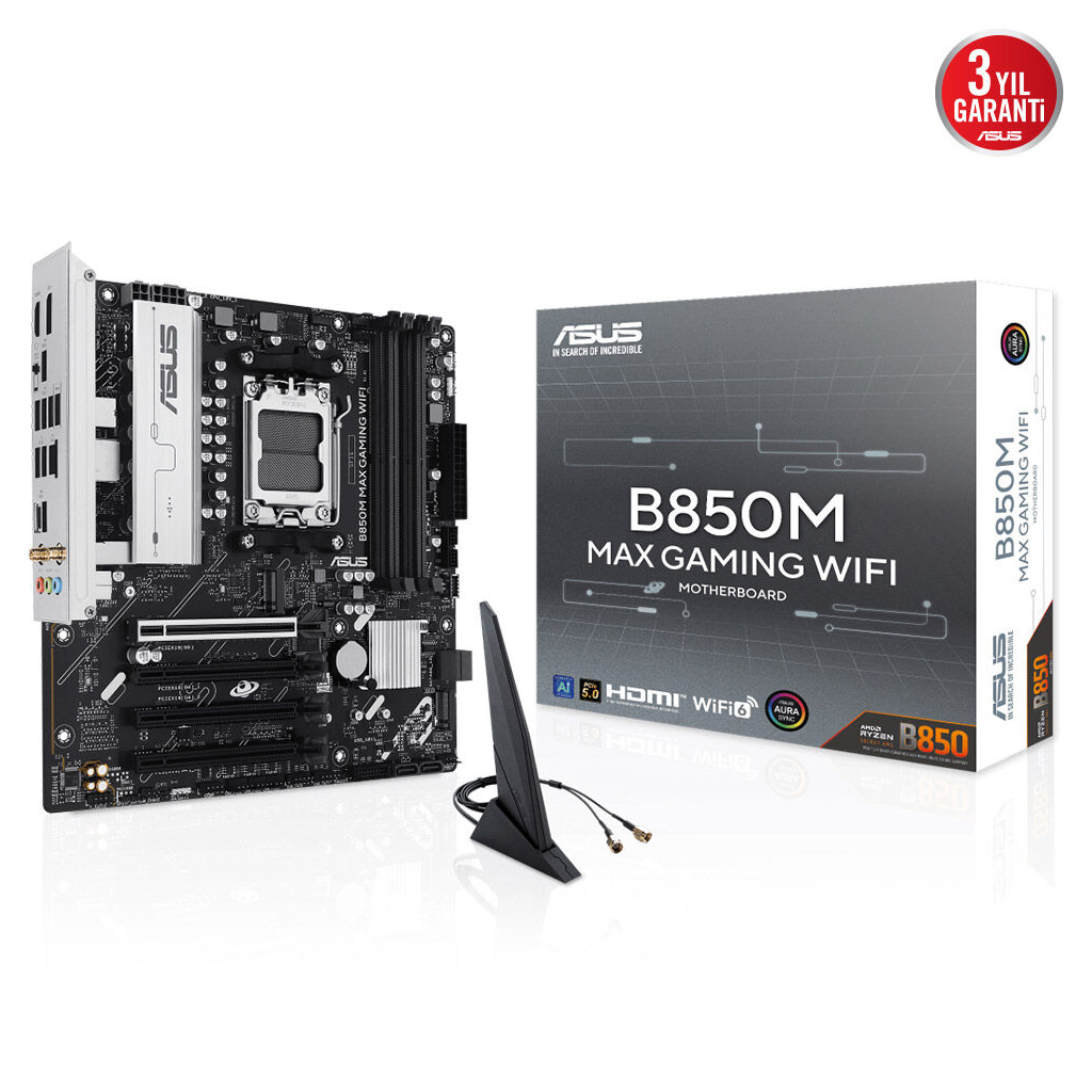 ASUS B850M MAX GAMING WIFI, 4xDDR5, 3x M2, HDMI, DP, Type-C, Wi-Fi 6, Bluetooth v5.4, AM5 Soket GAMING Anakart