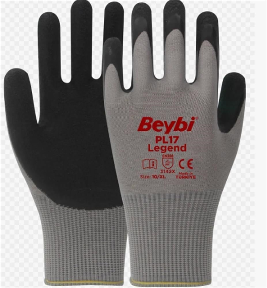 BEYBİ PL-17 10 Beden Gri-Siyah 12li Paket Legend Polyester Örme Lateks Eldiven