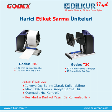 GODEX T-20 178mm 5kg İç/Dış Sarım Otomatik Harici Etiket Sarma Ünitesi