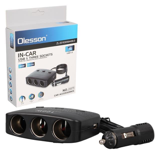 Olesson 1636 12-24V Çift USB Girişli 100W 70 CM Kablolu 3'LÜ Araç Çakmak Çoklayıcı
