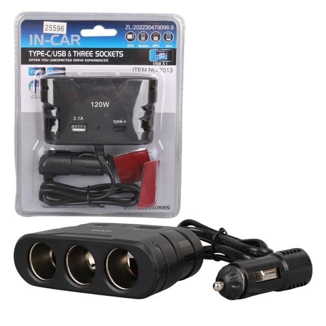Olesson 2013 12-24V TYPE-C + USB Girişli 120W 80 CM Kablolu 3'lü Araç Çakmak Çoklayıcı